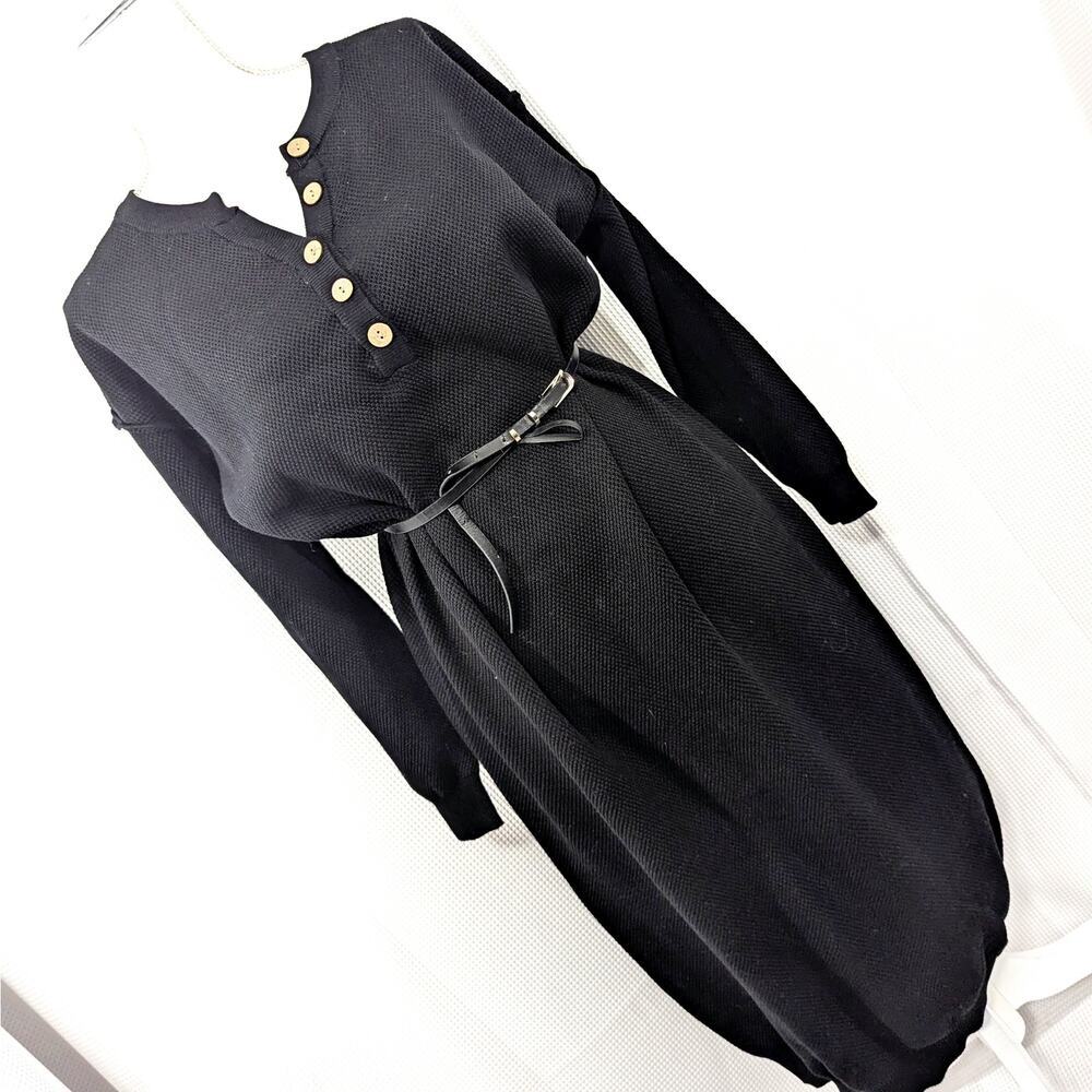 NWT! PRETTY GARDEN! BLACK KNIT COTTON BLEND SHEATH STYLE LONG SLEEVE DRESS! SZ M